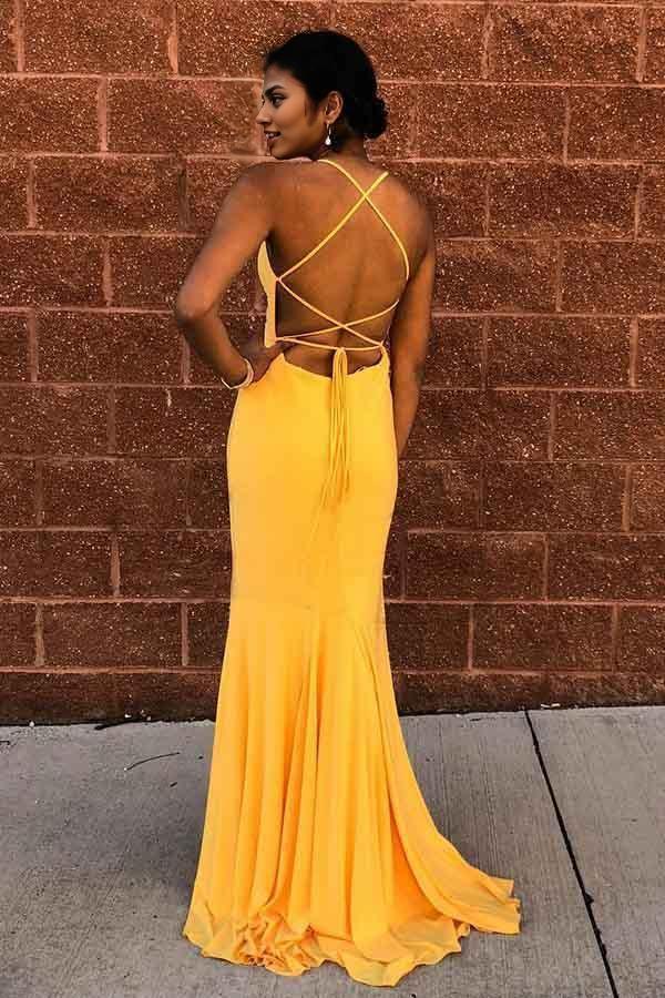 Robe de bal longue jaune sexy en satin à effet croisé et sirène